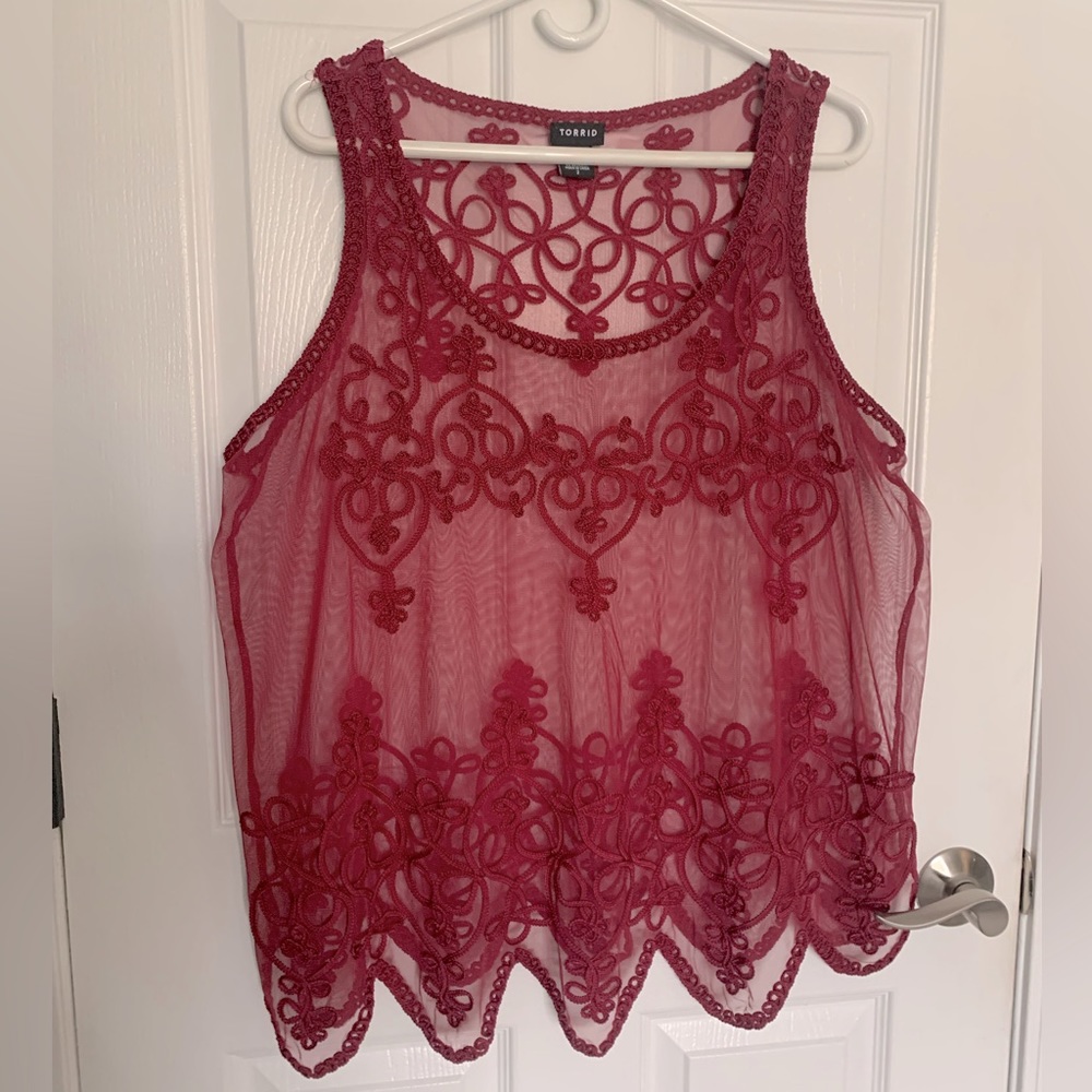 Torri Size 2X Sheer Burgundy Embroidered Sleeveless Top EUC